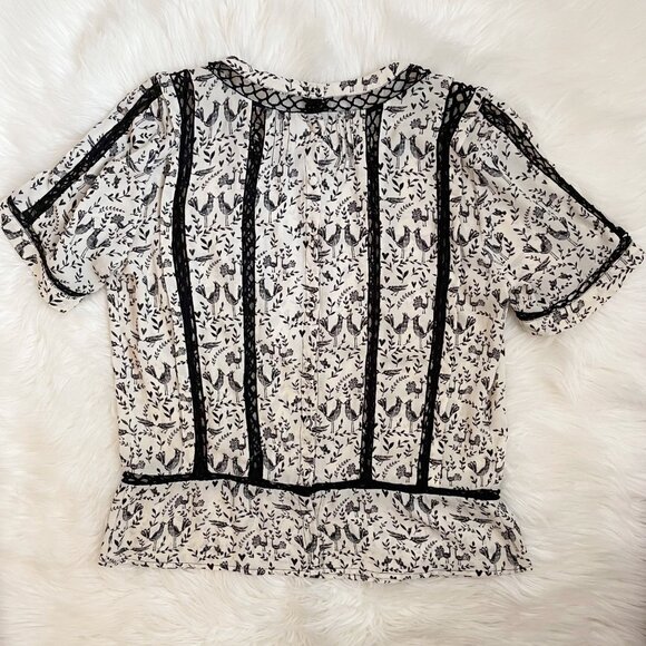 Anthropologie Meadow Rue Cream Black Faison Bird Print Short Sleeve Blouse Top - Picture 5 of 8